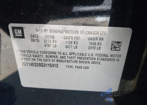 2016 Chevrolet Impala 2Lz из США, поврежденный, VIN 2G1145S38G9116410